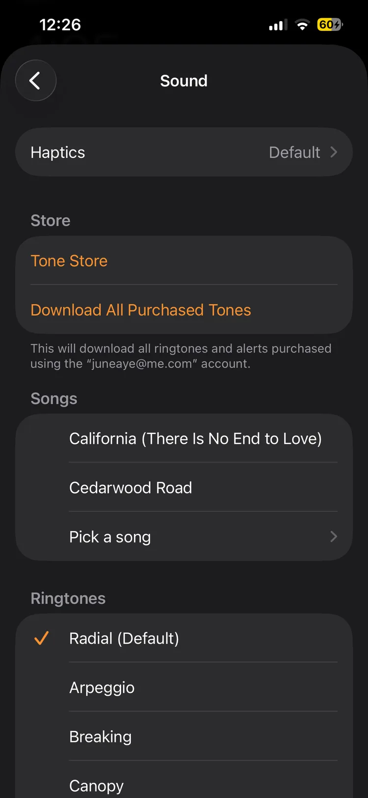 iPhone Clock app alarm Sound settings showing the Pick a Song option under Songs