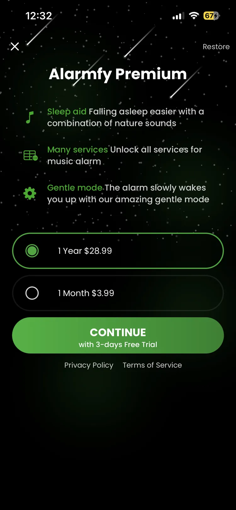 Alarmfy Premium paywall showing $28.99 per year or $3.99 per month